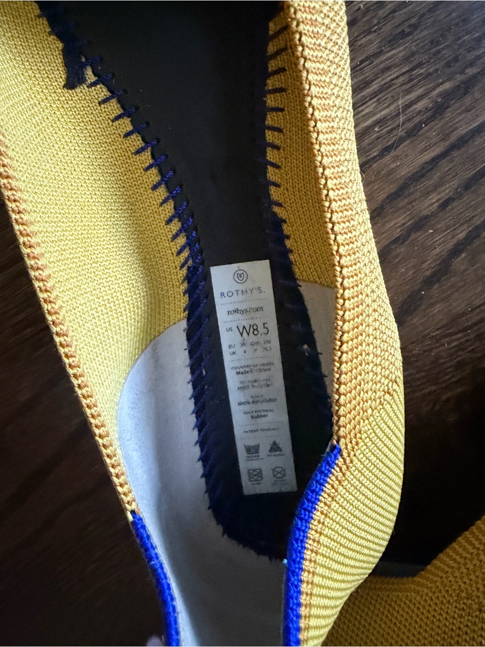 Rothy's Yellow Knit Pointed Toe Flats with Blue Trim - Picture 2 of 2